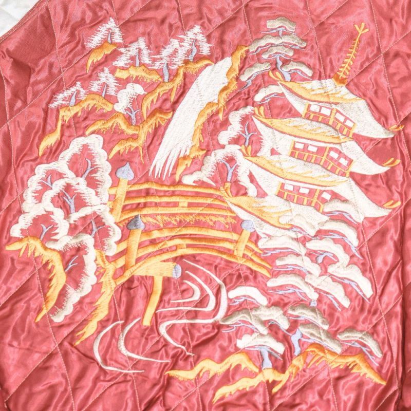 TAILOR TOYO テーラー東洋 TT15391-119 Early 1950s Style Acetate Quilted Souvenir Jacket “BLACK EAGLE” × “LANDSCAPE” キルト スカジャン スカ スーベニア ブラック ピンク 刺繍 イーグル 鷹 日本 情景 50th ヴィンテージ復刻