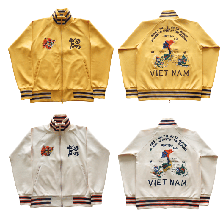 STUDIO D'ARTISAN 8192 "Vietnam Jersey" Track Jacket with a Viet Nam motif. This Americana-inspired track jacket features a double zipper and sturdy ribbing. This retro lightweight outerwear piece is perfect for everyday wear.