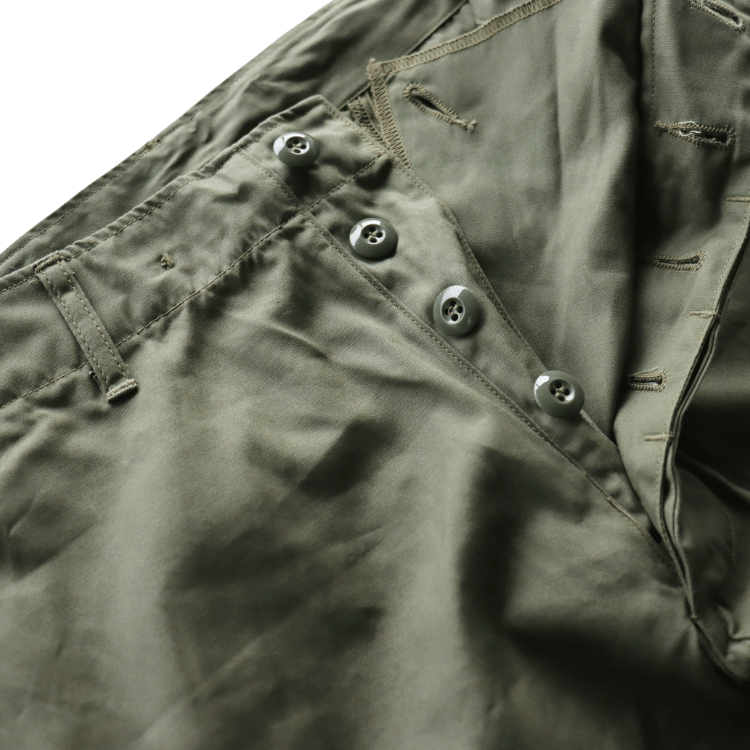 BUZZ RICKSON'S BR42500 TROUSERS, MEN'S, COTTON WIND RESISTANT POPLIN, OLIVE GREEN, ARMY SHADE 107 SHORT LENGTH Military Cargo Trousers