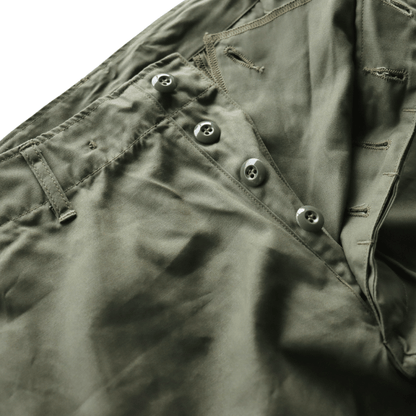 BUZZ RICKSON'S BR42500 TROUSERS, MEN'S, COTTON WIND RESISTANT POPLIN, OLIVE GREEN, ARMY SHADE 107 SHORT LENGTH Military Cargo Trousers