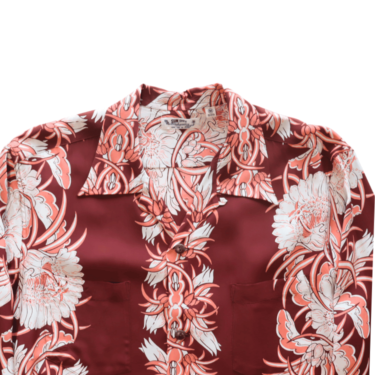 SUN SURF SS29602 L/S RAYON HAWAIIAN SHIRT NIGHT BLOOMING CEREUS BORDER Hawaiian Shirt Aloha Shirt Long Sleeve Shirt