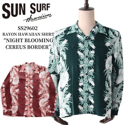 SUN SURF SS29602 L/S RAYON HAWAIIAN SHIRT NIGHT BLOOMING CEREUS BORDER Hawaiian Shirt Aloha Shirt Long Sleeve Shirt