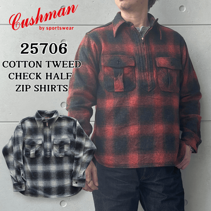 CUSHMAN クッシュマン 25706 COTTON TWEED CHECK HALF ZIP WORK SHIRTS コットンツイードチェックハーフジップワークシャツ 長袖シャツ
