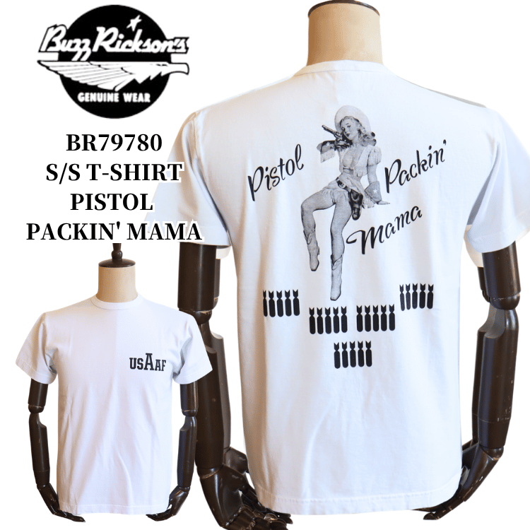 BUZZ RICKSON'S BR79780 S/S T-SHIRT PISTOL PACKIN' MAMA Short Sleeve T-Shirt Military US Air Force Women's Pilot Corps Pin-Up Girl