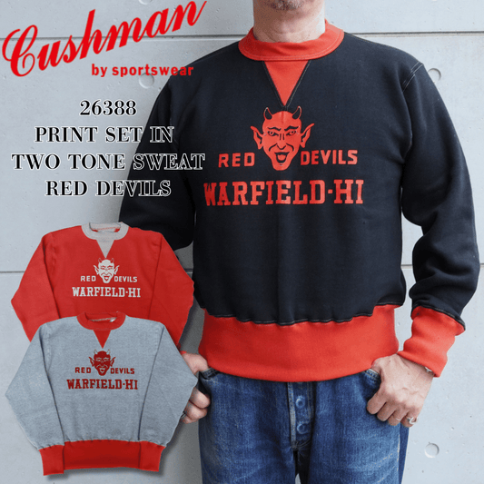 CUSHMAN クッシュマン 26388 PRINT SET IN TWO TONE SWEAT RED DEVILS プリント セットイン ツートン スウェット レッドデビルズ アメカジ カレッジモチーフ 裏起毛スウェット