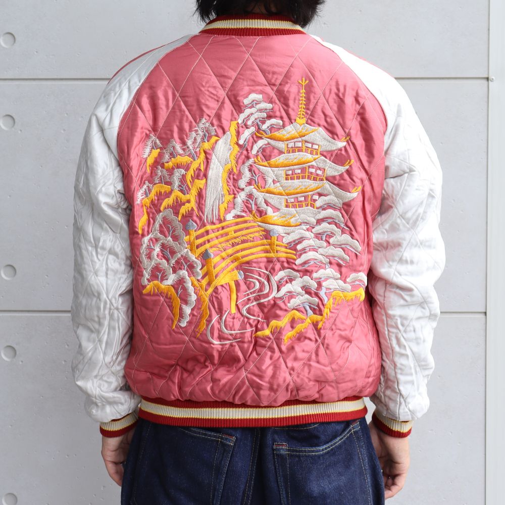 TAILOR TOYO テーラー東洋 TT15391-119 Early 1950s Style Acetate Quilted Souvenir Jacket “BLACK EAGLE” × “LANDSCAPE” キルト スカジャン スカ スーベニア ブラック ピンク 刺繍 イーグル 鷹 日本 情景 50th ヴィンテージ復刻