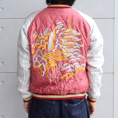TAILOR TOYO テーラー東洋 TT15391-119 Early 1950s Style Acetate Quilted Souvenir Jacket “BLACK EAGLE” × “LANDSCAPE” キルト スカジャン スカ スーベニア ブラック ピンク 刺繍 イーグル 鷹 日本 情景 50th ヴィンテージ復刻