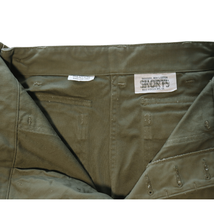BUZZ RICKSON'S バズリクソンズ BR51735 TROUSERS, MEN'S, COTTON SATEEN OLIVE GREEN QM SHADE 107, TYPE I, CLASS SHORTS