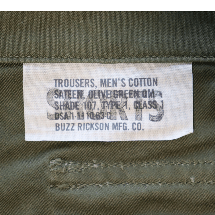 BUZZ RICKSON'S バズリクソンズ BR51735 TROUSERS, MEN'S, COTTON SATEEN OLIVE GREEN QM SHADE 107, TYPE I, CLASS SHORTS