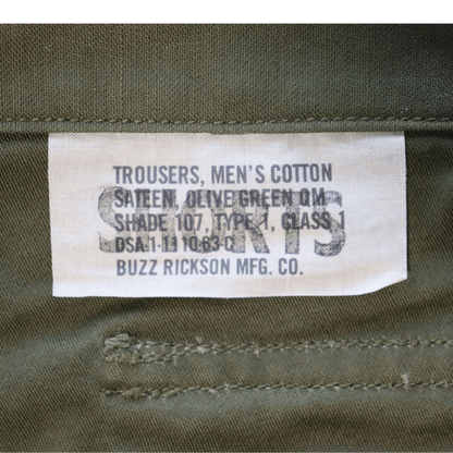 BUZZ RICKSON'S バズリクソンズ BR51735 TROUSERS, MEN'S, COTTON SATEEN OLIVE GREEN QM SHADE 107, TYPE I, CLASS SHORTS