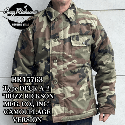 BUZZ RICKSON'S バズリクソンズ BR15763 Type DECK A-2 “BUZZ RICKSON MFG. CO.” CAMOUFLAGE VERSION カモフラージュバージョン デッキA-2ジャケット 米海軍 甲板作業用ジャケットN-1の後継モデル コットン・ナイロンの混紡生地 ウッドランドのカモフラージュ生地