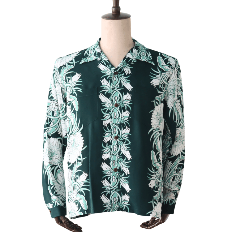 SUN SURF SS29602 L/S RAYON HAWAIIAN SHIRT NIGHT BLOOMING CEREUS BORDER Hawaiian Shirt Aloha Shirt Long Sleeve Shirt
