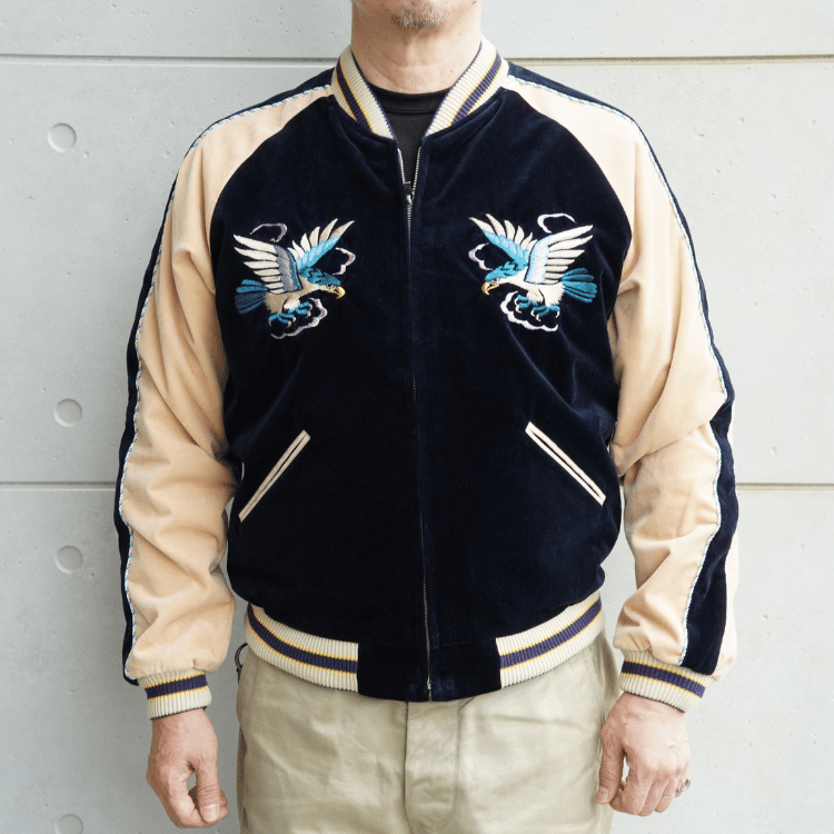 TAILOR TOYO テーラー東洋 TT15975-128 Mid 1950s Style Velveteen (Two-tone) × Acetate Souvenir Jacket “BLUE EAGLE” × “ROARING TIGER” 別珍スーベニアジャケット 別珍 スカジャン 鷲 虎リバーシブル 2トーン サテン生地 スーベニアジャケット 刺繍