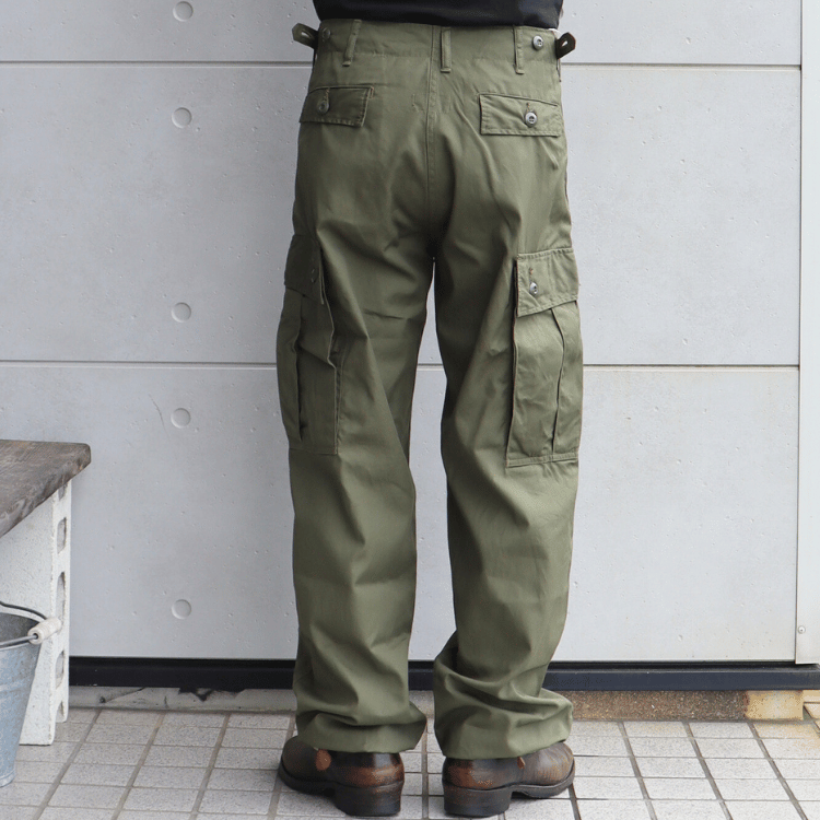 BUZZ RICKSON'S BR42500 TROUSERS, MEN'S, COTTON WIND RESISTANT POPLIN, OLIVE GREEN, ARMY SHADE 107 SHORT LENGTH Military Cargo Trousers