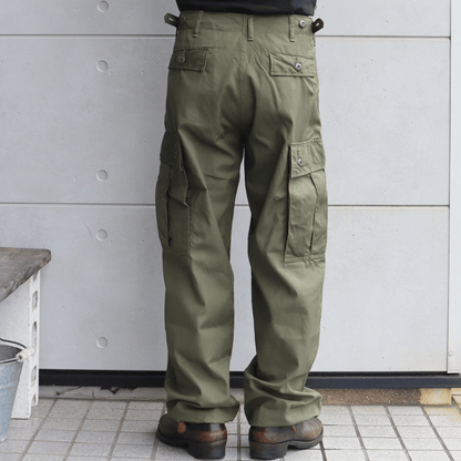 BUZZ RICKSON'S BR42500 TROUSERS, MEN'S, COTTON WIND RESISTANT POPLIN, OLIVE GREEN, ARMY SHADE 107 SHORT LENGTH Military Cargo Trousers
