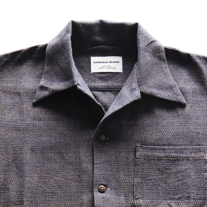 SAMURAI JEANS SOS26-KSK Kano-ko A-Madara Open Collar Short Sleeve Shirt Indigo-Dyed
