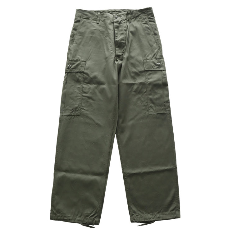 BUZZ RICKSON'S BR42500 TROUSERS, MEN'S, COTTON WIND RESISTANT POPLIN, OLIVE GREEN, ARMY SHADE 107 SHORT LENGTH Military Cargo Trousers