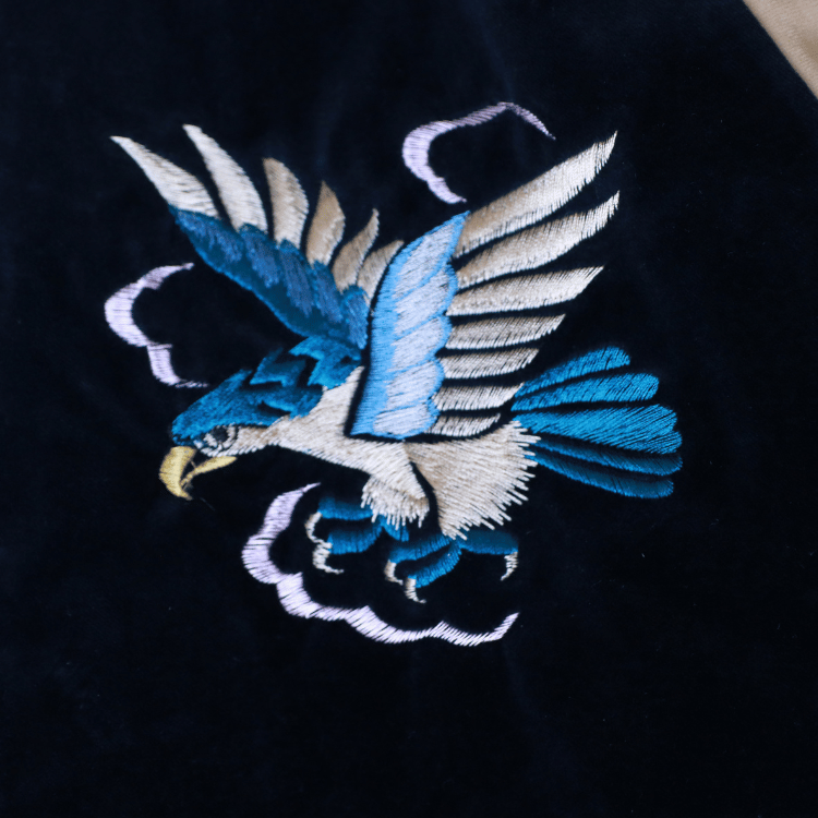 TAILOR TOYO テーラー東洋 TT15975-128 Mid 1950s Style Velveteen (Two-tone) × Acetate Souvenir Jacket “BLUE EAGLE” × “ROARING TIGER” 別珍スーベニアジャケット 別珍 スカジャン 鷲 虎リバーシブル 2トーン サテン生地 スーベニアジャケット 刺繍