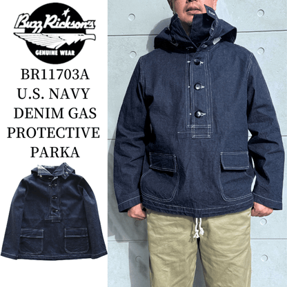 BUZZ RICKSON'S BR11703A US NAVY DENIM GAS PROTECTIVE PARKA, denim gas protective parka, military gas parka, denim parka, USNAVY