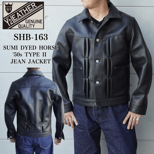 Y'2 LEATHER SHB-163 HORSE SUMI DYED HORSE '50s TYPE II JEAN JACKET Ink Black Horsehide '50s Type II Jean Jacket Leather Jacket Trucker Style Horsehide
