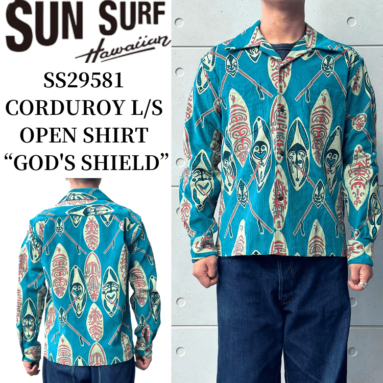 SUN SURF SS29581 CORDUROY L/S OPEN SHIRT "GOD'S SHIELD" Long Sleeve Aloha Shirt, Corduroy Open Shirt, 100% Cotton